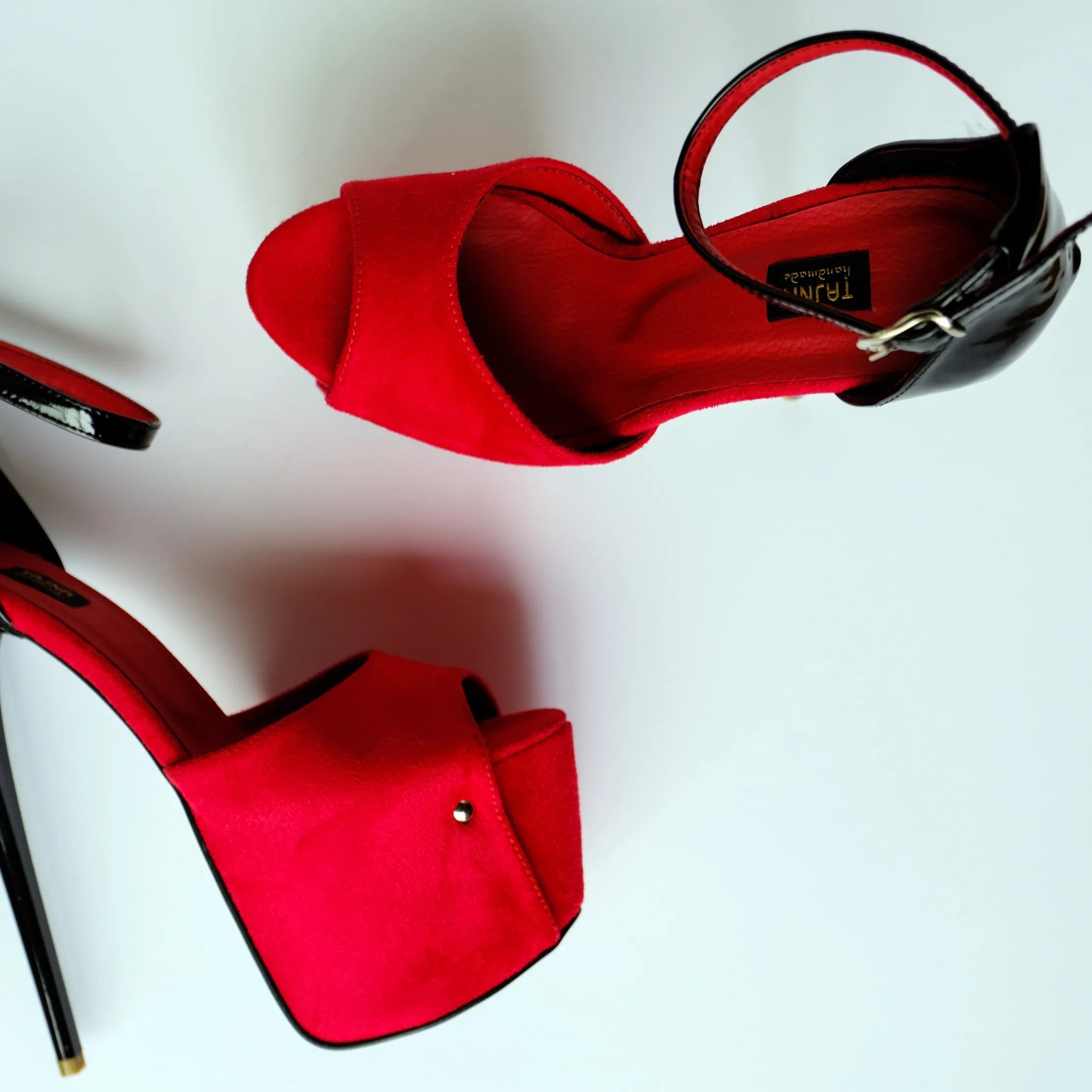 Red Suede Black Ankle Strap Detail High Heels