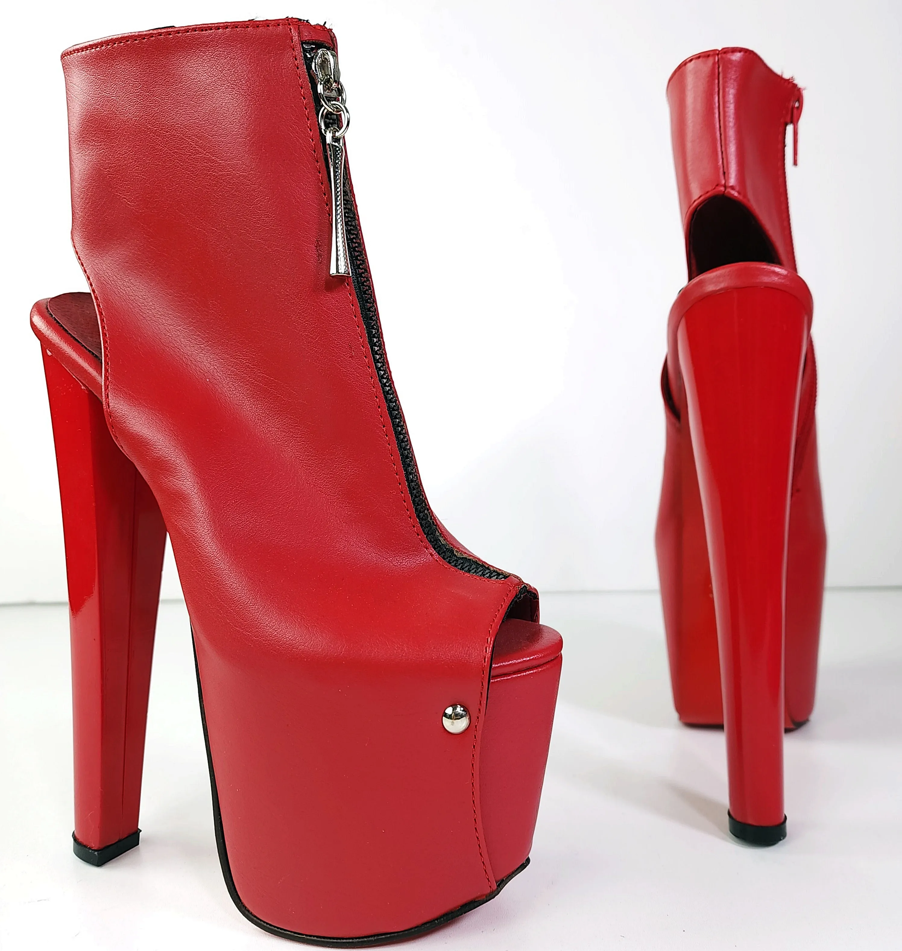 Red Zipper Detail Chunky Ankle Cut Heels