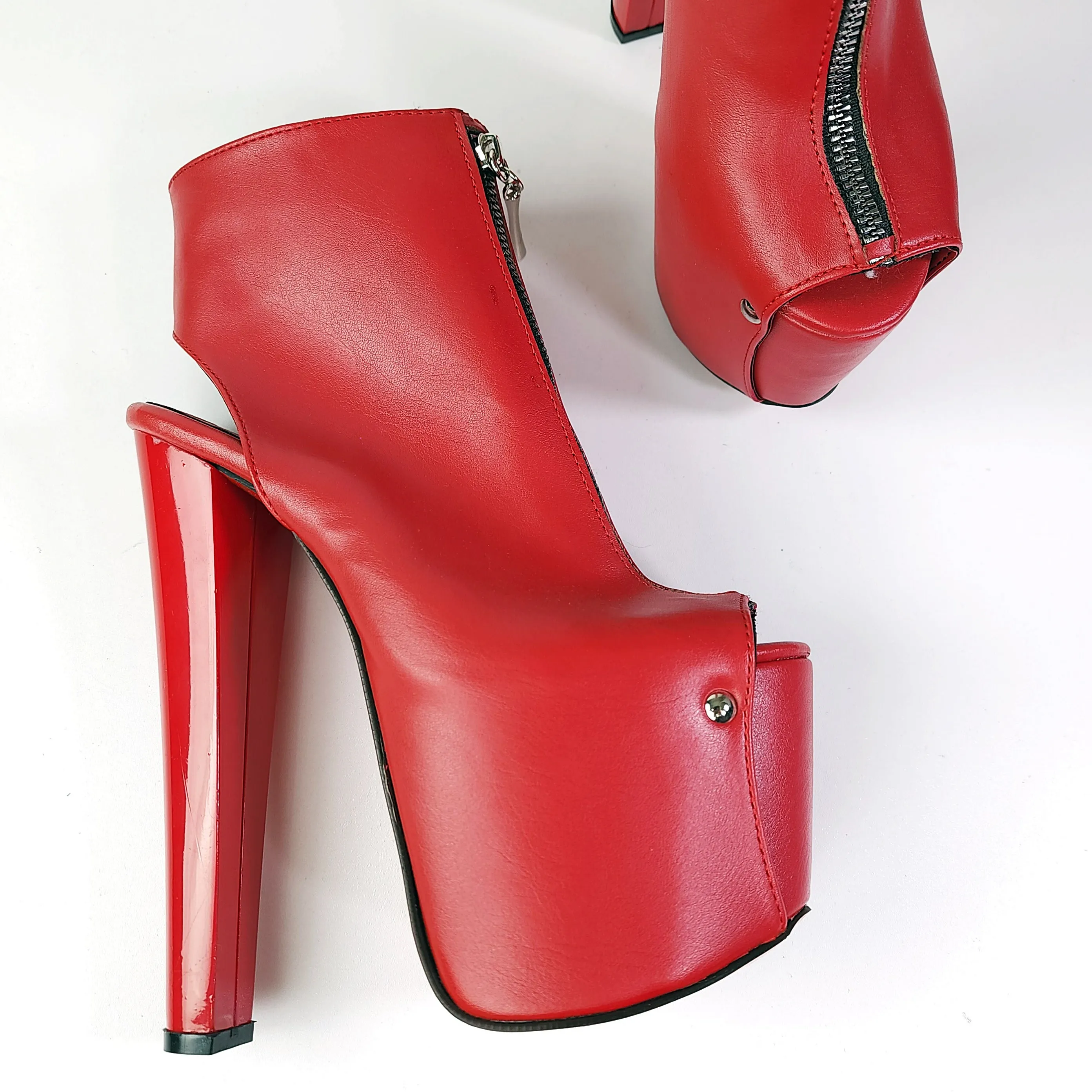 Red Zipper Detail Chunky Ankle Cut Heels