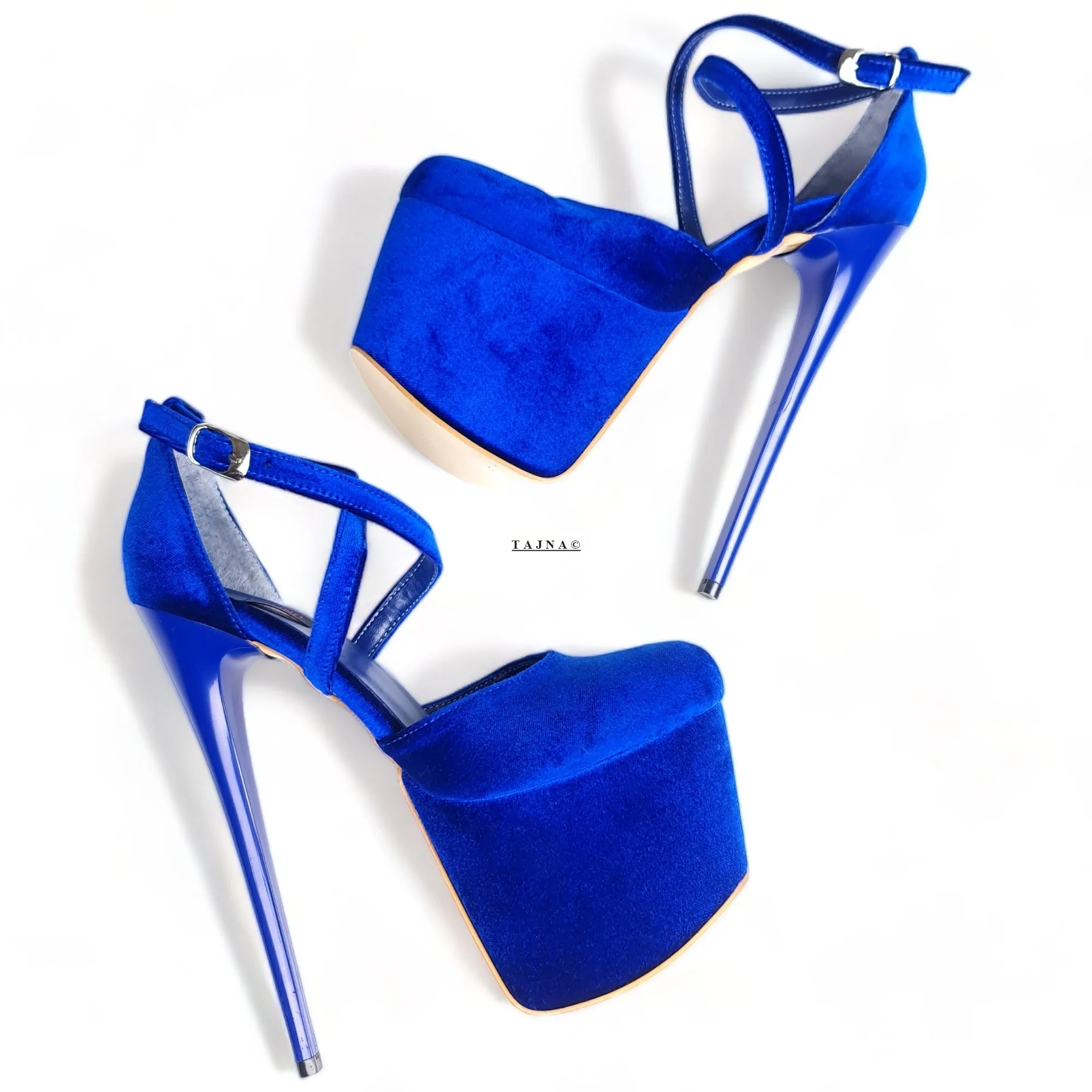 Royal Electric Blue Velvet  Ankle Strap High Heels