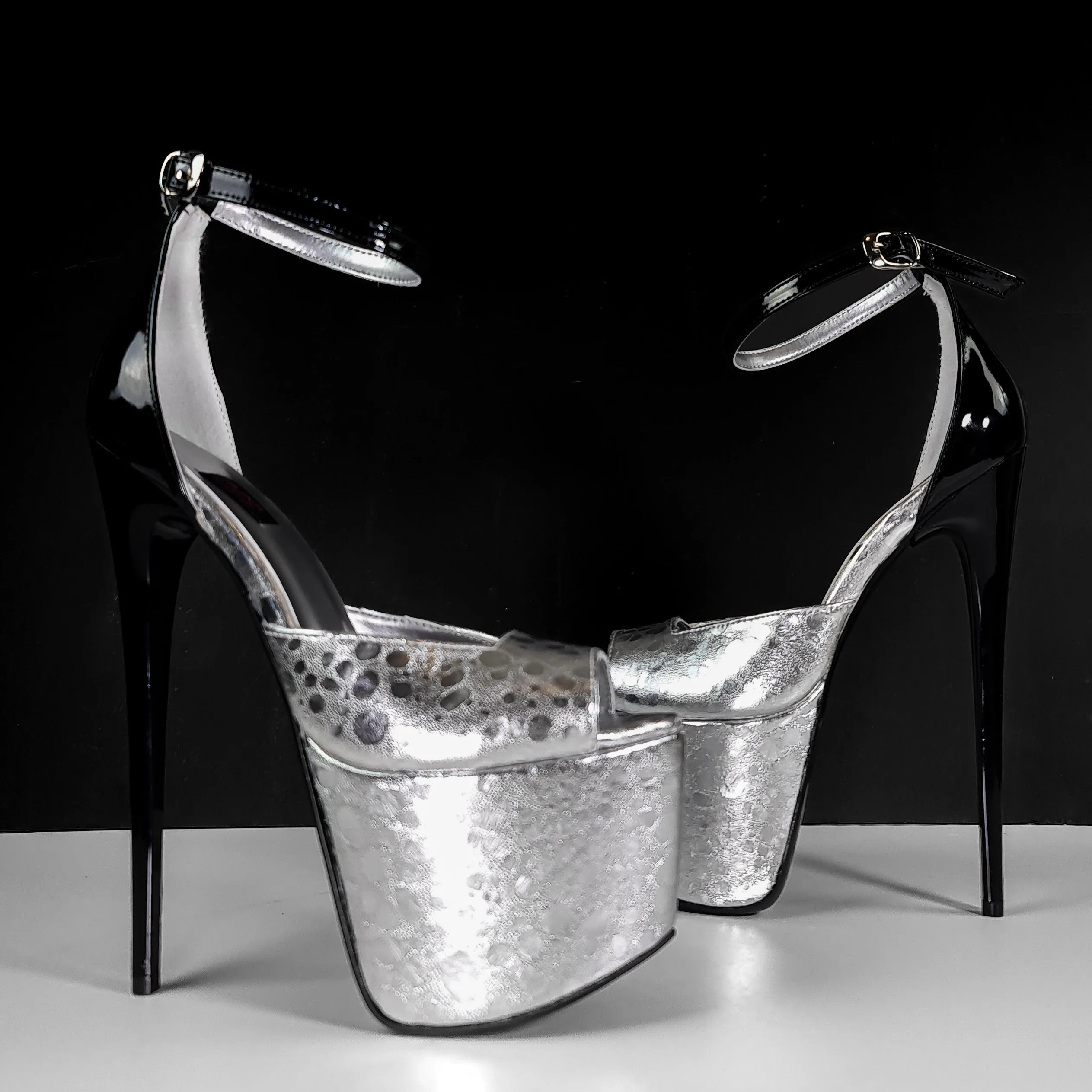 Side Cut  Ankle Strap Silver Black High Heels