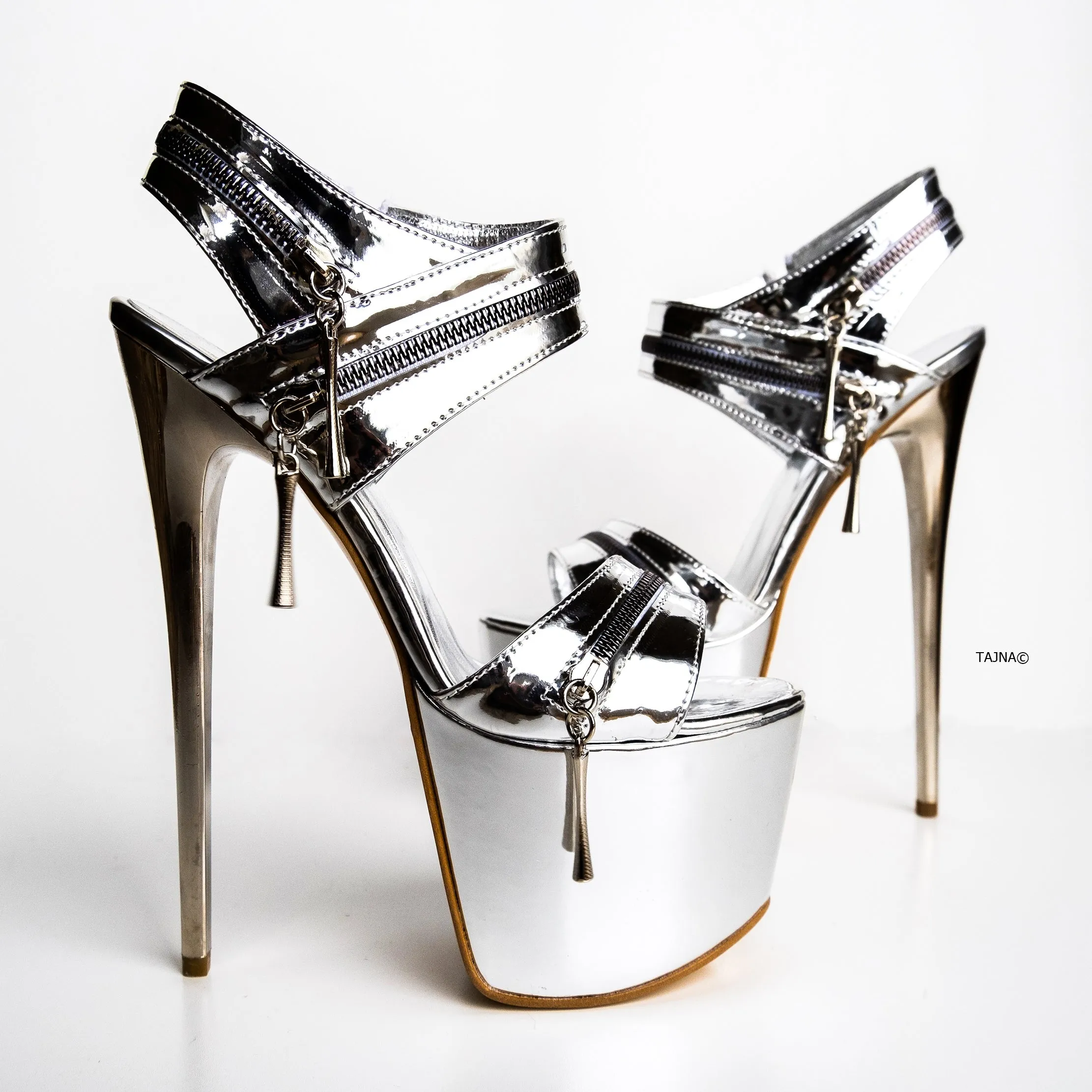 Silver Mirror Zipper Detail High Heel Sandals