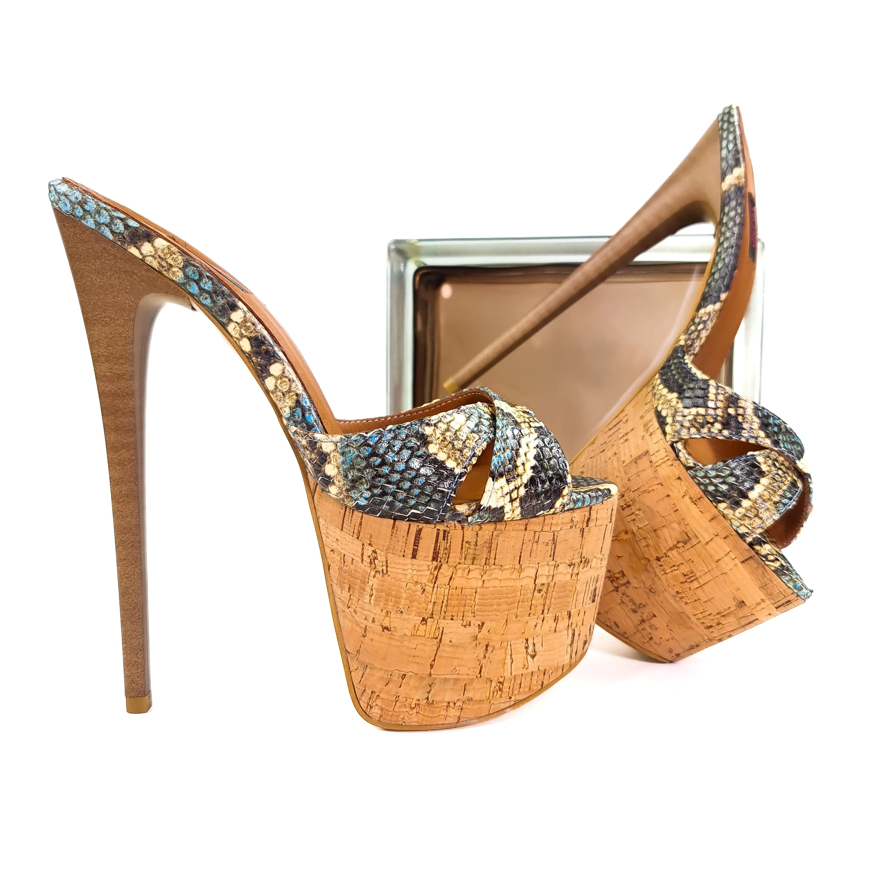 Snake Cork Detail High Heel Leather Mules