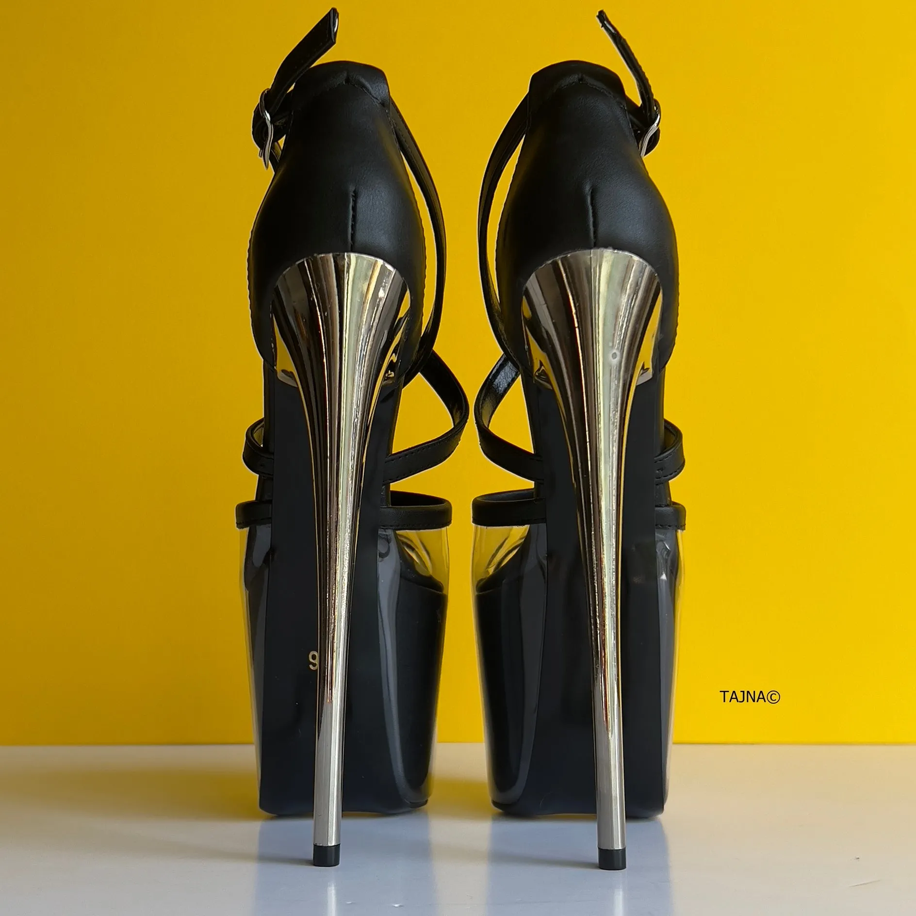 Transparent and Black Matte Ankle Strap Metallic Heels