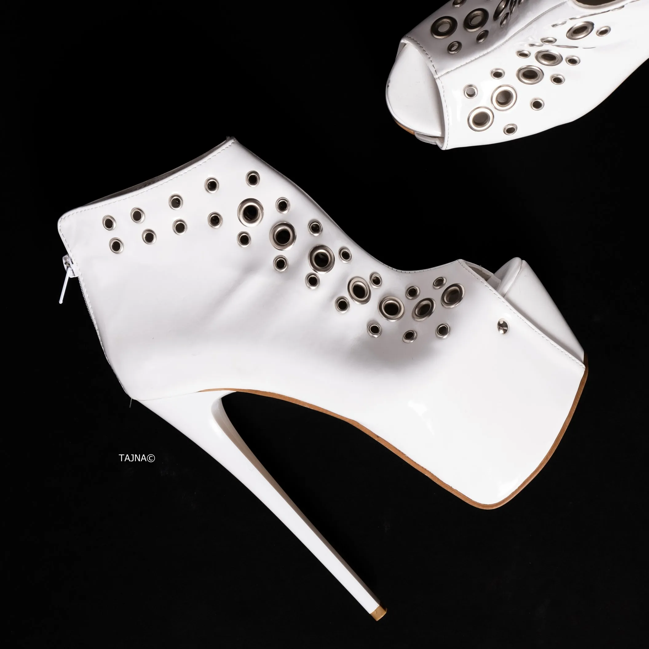 White Ankle Cut Pinned Rocker Heels