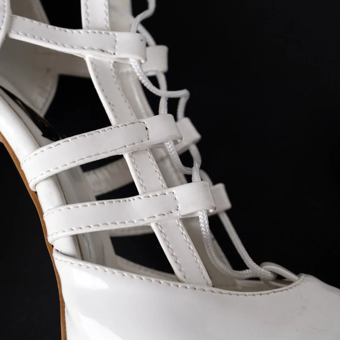 White Gloss Bondage Side Lace Up High Heels