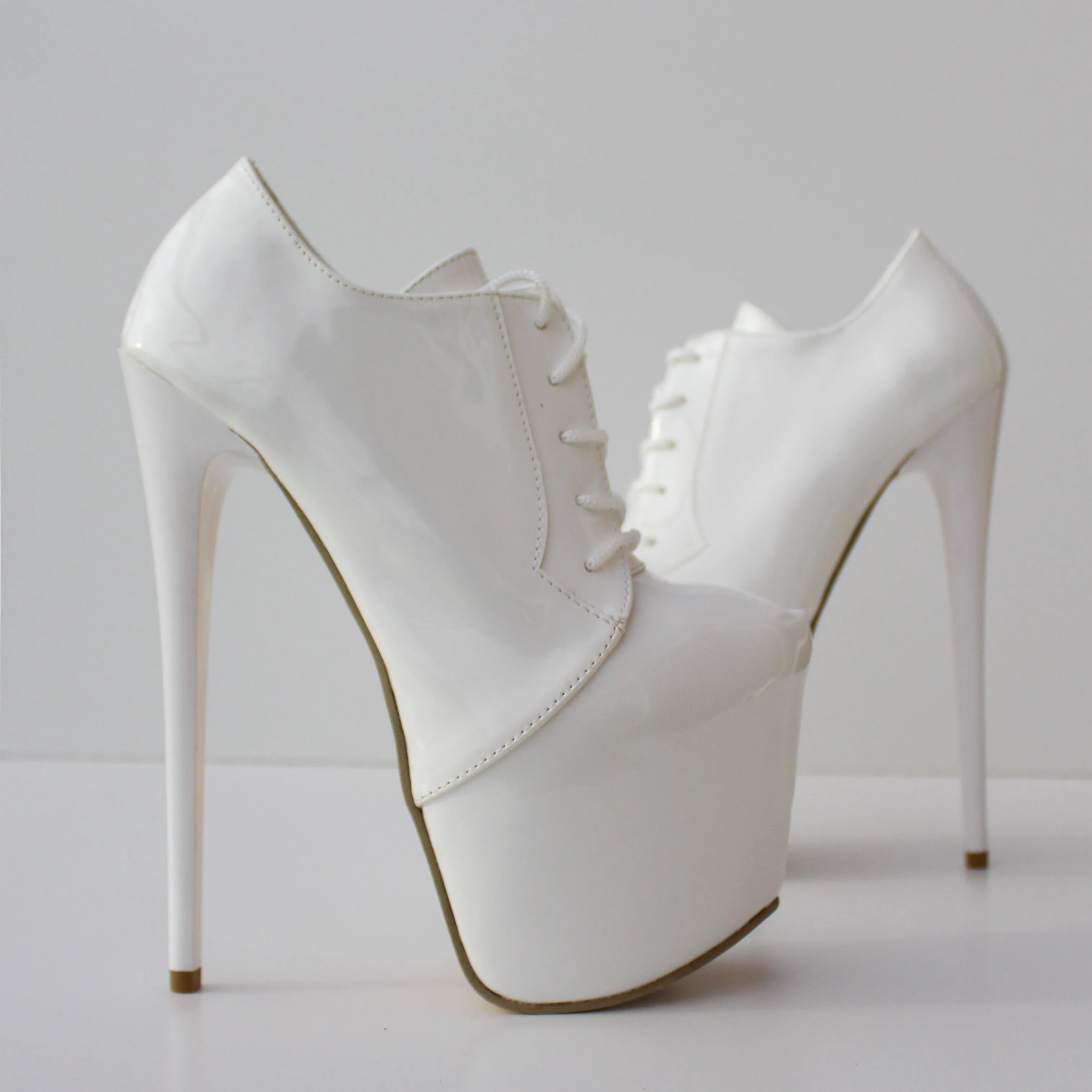 White Gloss Lace Up Oxford High Heel Booties