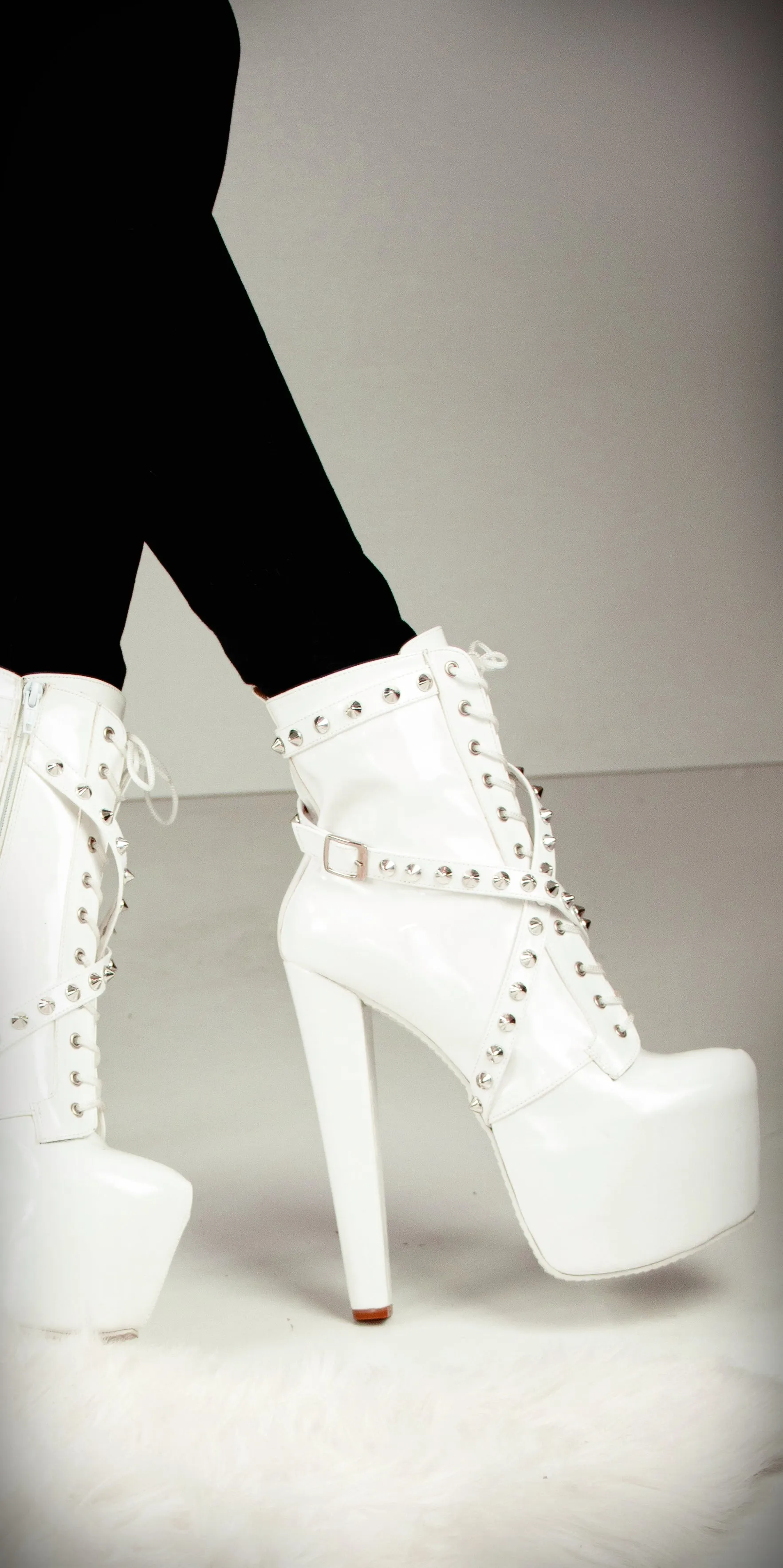 White Gloss Spike Studs High Heel Rocker Boots