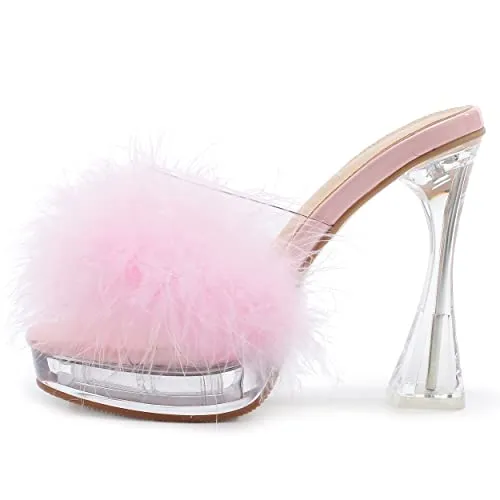 Women's Feather Heels Sandals - Fluffy Fur - Clear Strap Platform High Block Heel Slip On Square Toe Mules Pink 39-insolelength:24.5cm/9.65 inch - US 7.5