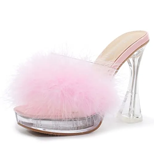 Women's Feather Heels Sandals - Fluffy Fur - Clear Strap Platform High Block Heel Slip On Square Toe Mules Pink 39-insolelength:24.5cm/9.65 inch - US 7.5