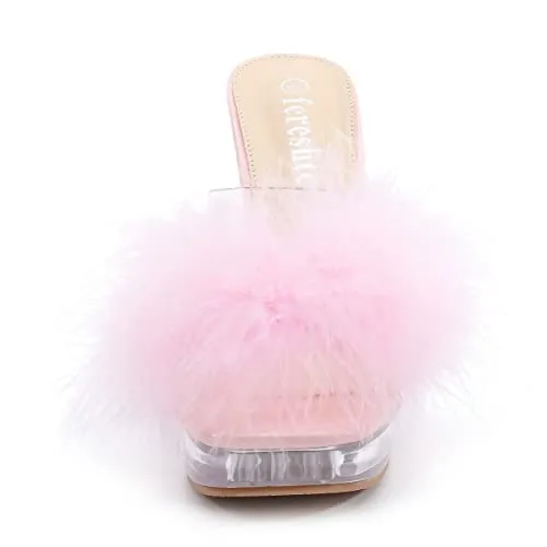 Women's Feather Heels Sandals - Fluffy Fur - Clear Strap Platform High Block Heel Slip On Square Toe Mules Pink 39-insolelength:24.5cm/9.65 inch - US 7.5