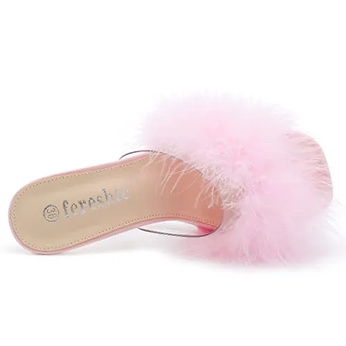 Women's Feather Heels Sandals - Fluffy Fur - Clear Strap Platform High Block Heel Slip On Square Toe Mules Pink 39-insolelength:24.5cm/9.65 inch - US 7.5